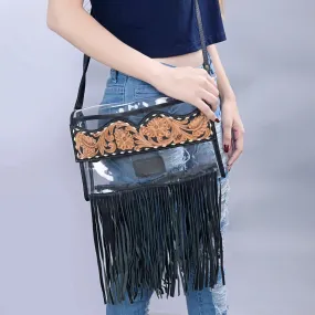 American Darling Fringe & Floral Hand Tooled Leather Clear Crossbody Bag