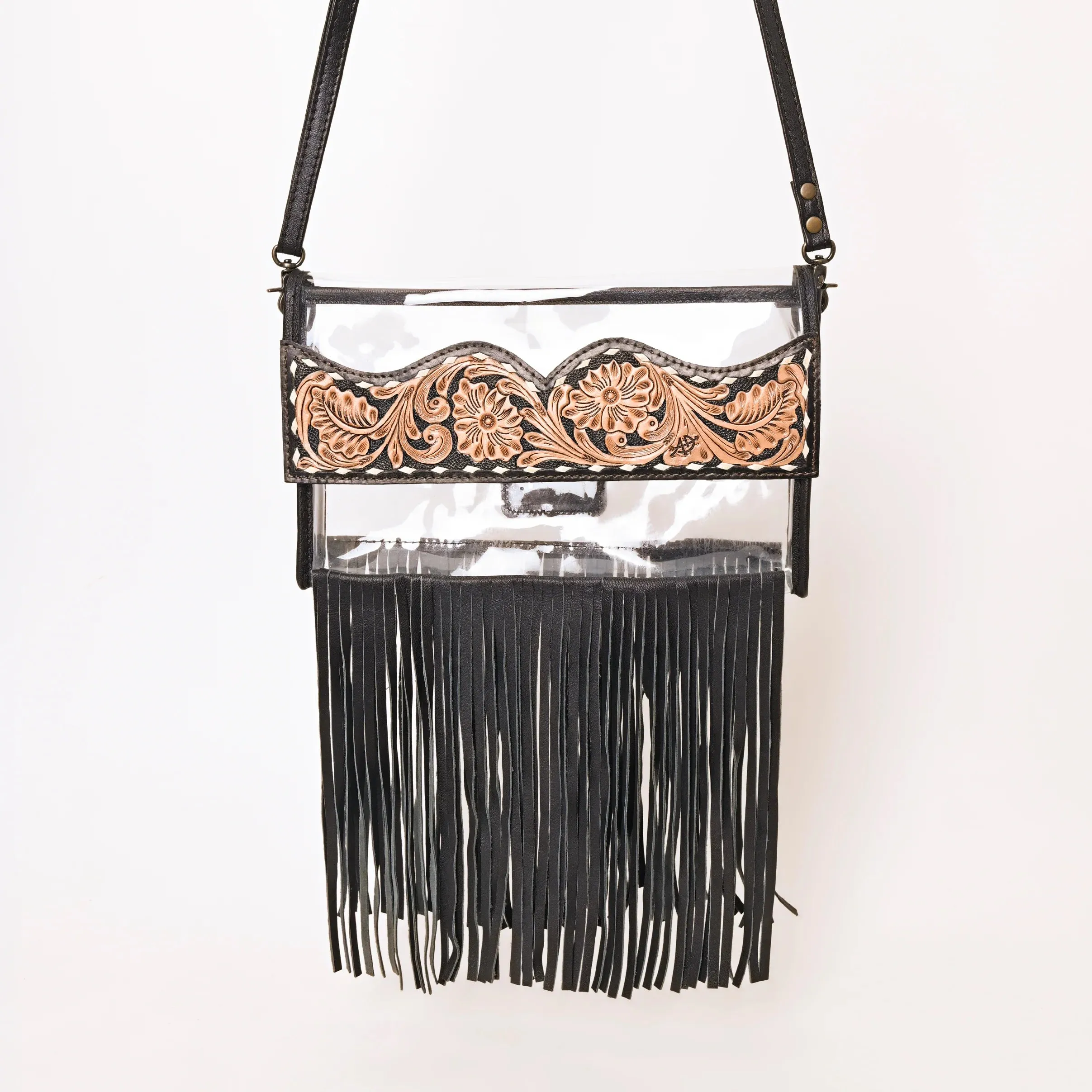 American Darling Fringe & Floral Hand Tooled Leather Clear Crossbody Bag