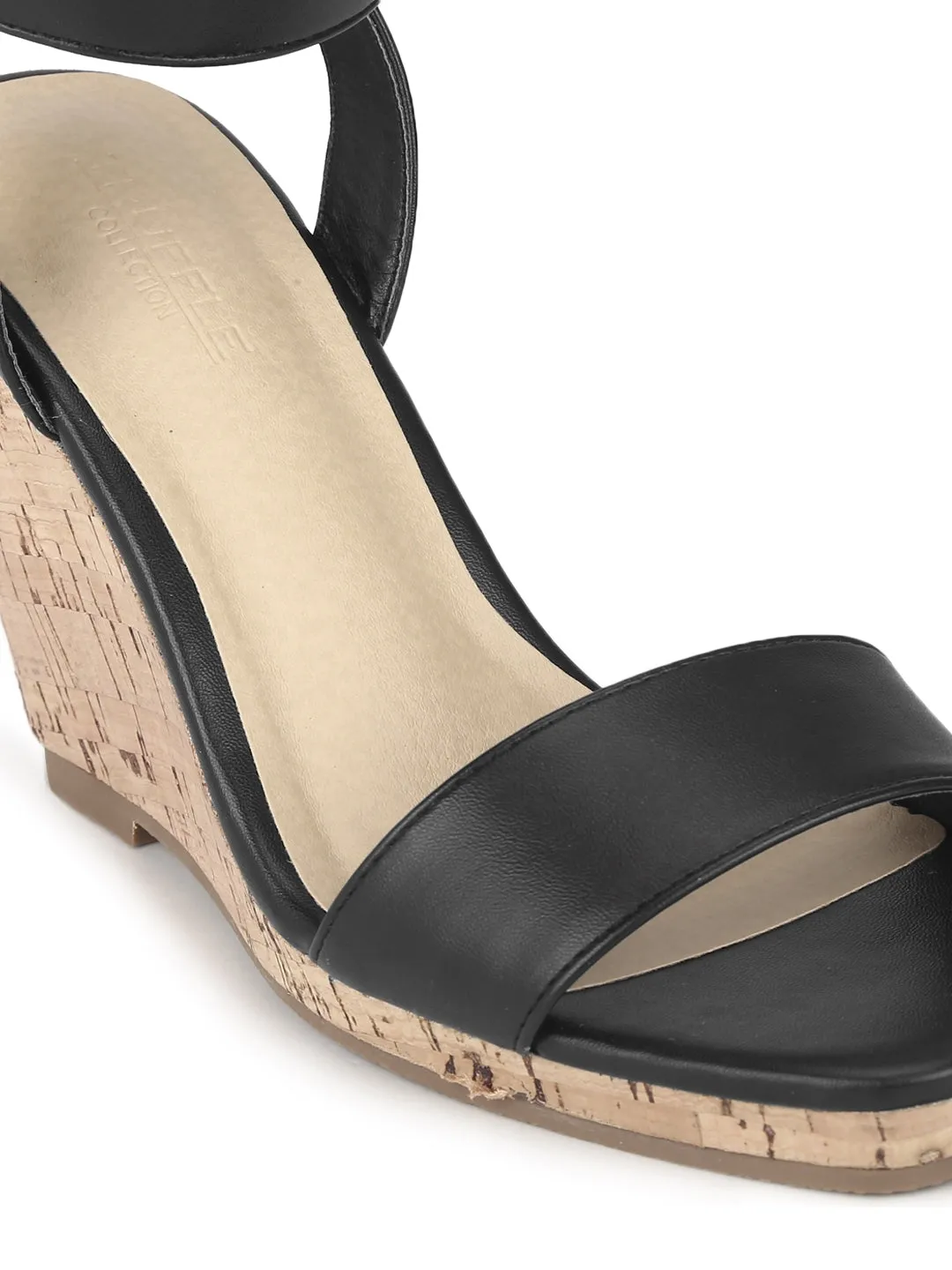 Black PU Wedge Heel Sandals