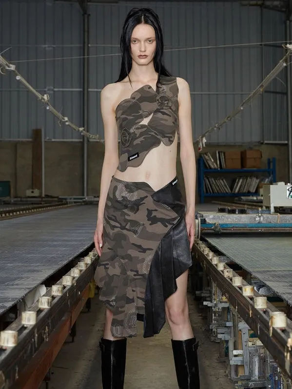 Camouflage & Check Asymmetry Sleeveless Top & Skirt