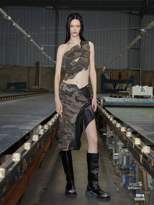 Camouflage & Check Asymmetry Sleeveless Top & Skirt