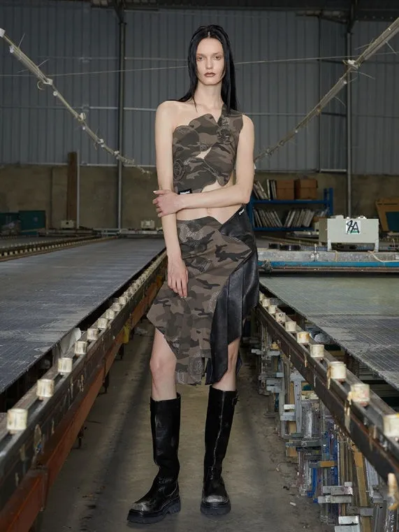 Camouflage & Check Asymmetry Sleeveless Top & Skirt