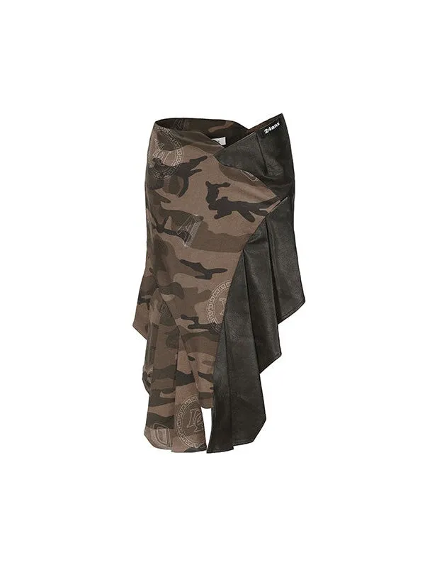 Camouflage & Check Asymmetry Sleeveless Top & Skirt