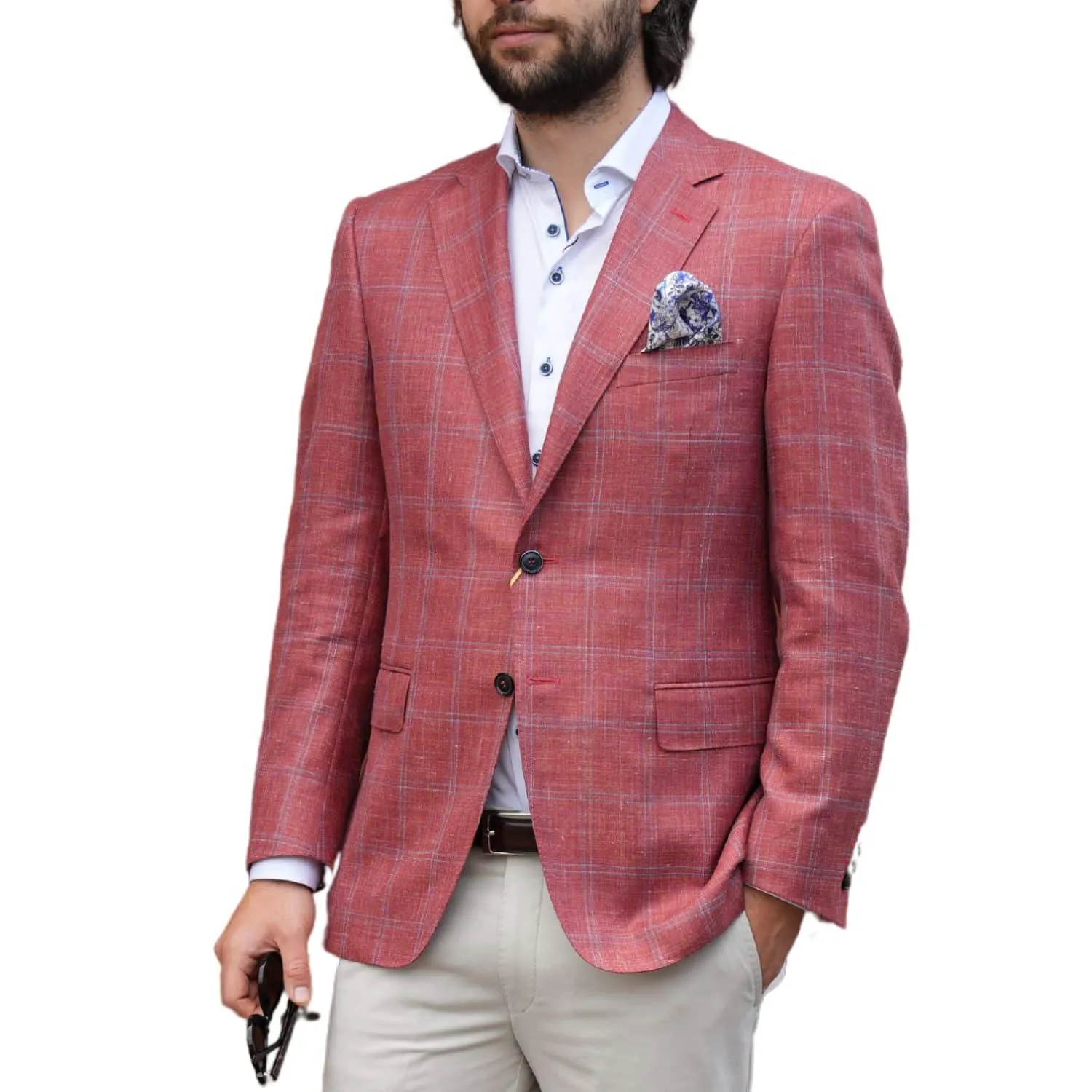 Canali Window Pane Pure Wool & Silk Coral Jacket | Menswear Online