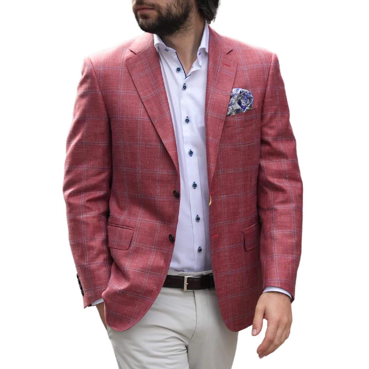 Canali Window Pane Pure Wool & Silk Coral Jacket | Menswear Online