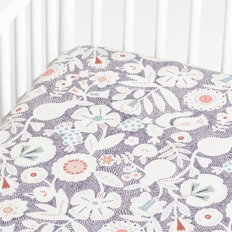 Crate&Barrel Paquita Organic Cotton Pink Floral Baby Crib Fitted Sheet