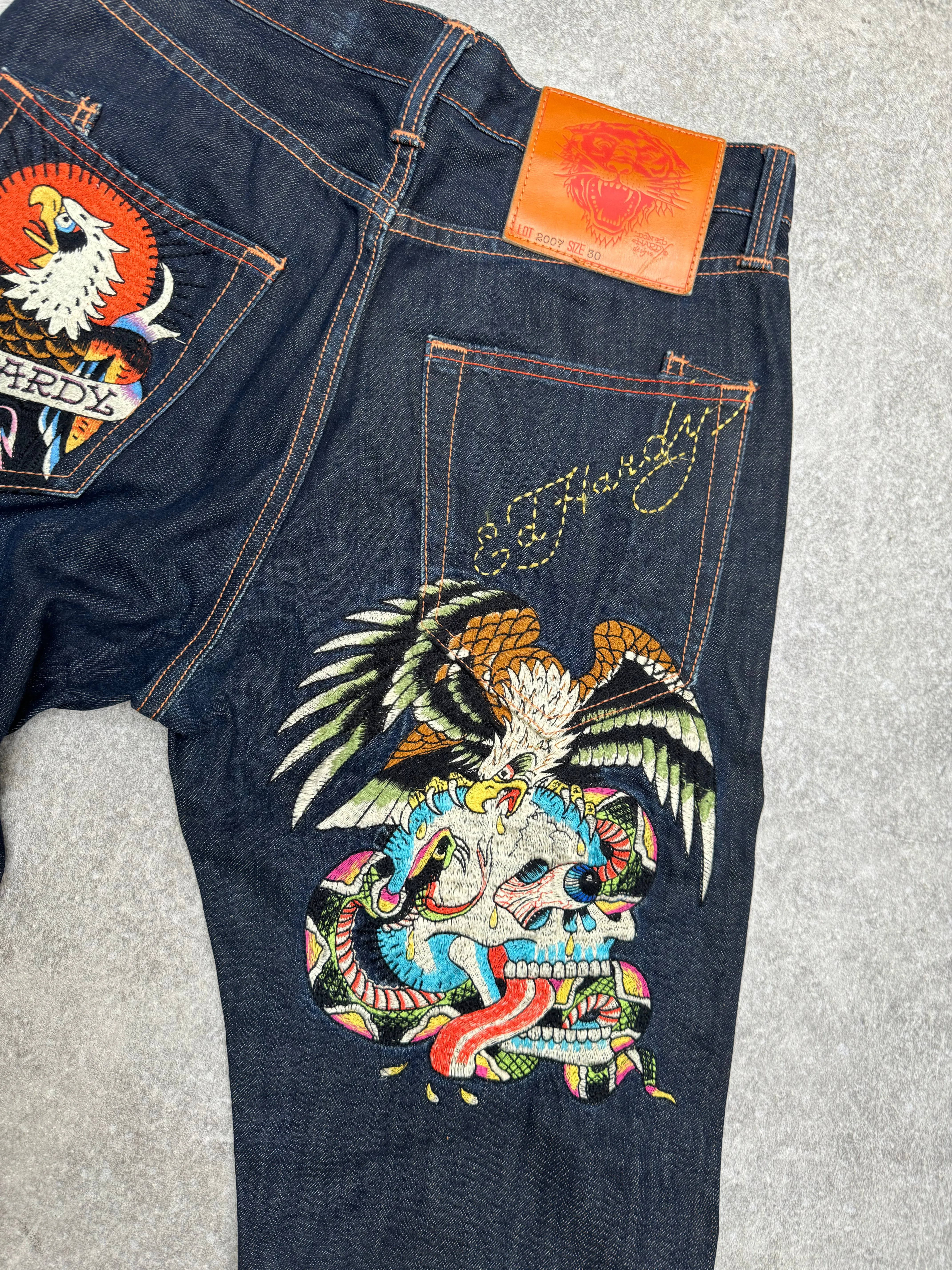 Ed Hardy Darkwash Eagle & Skull Embroidered Jeans