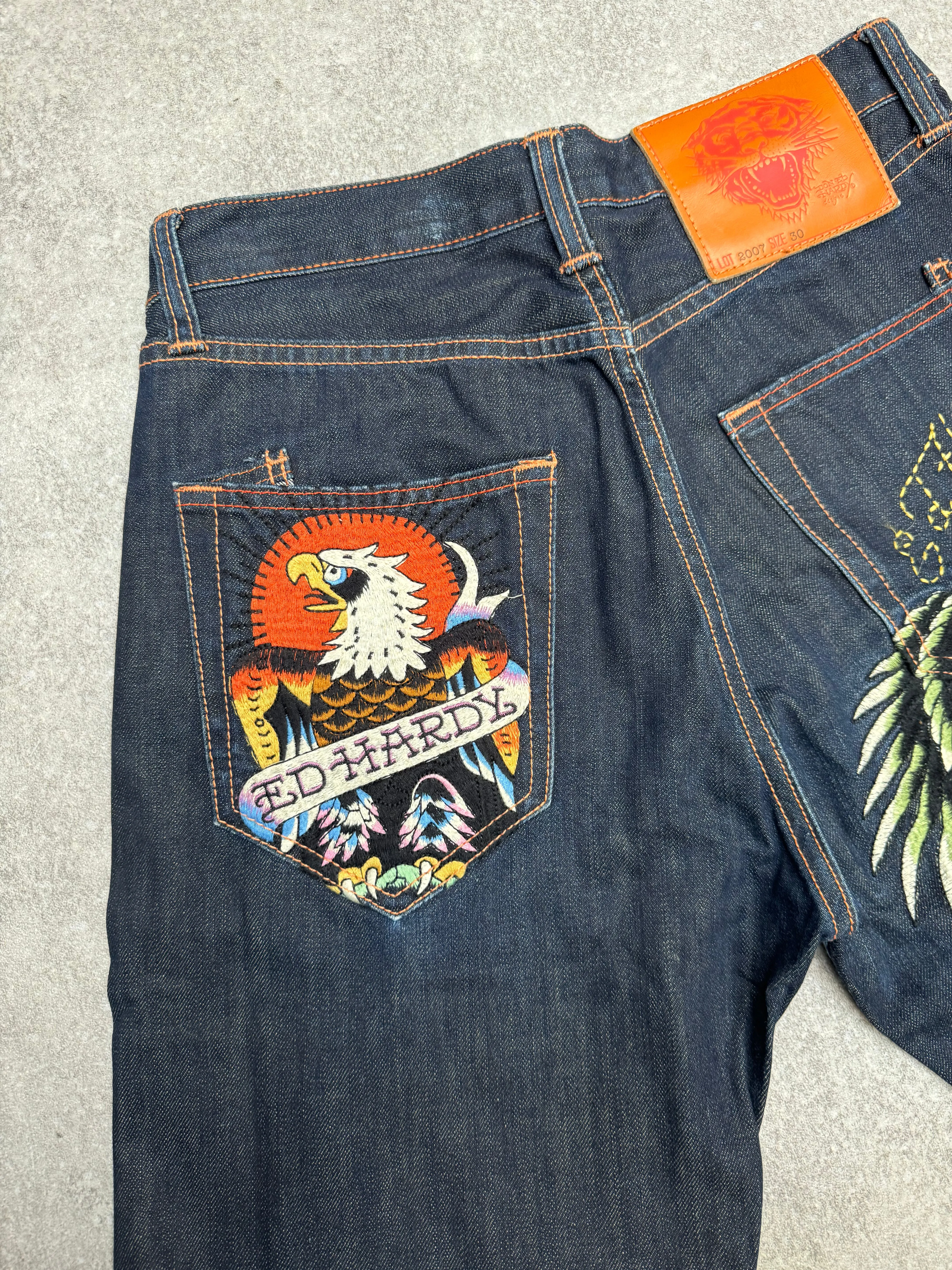 Ed Hardy Darkwash Eagle & Skull Embroidered Jeans