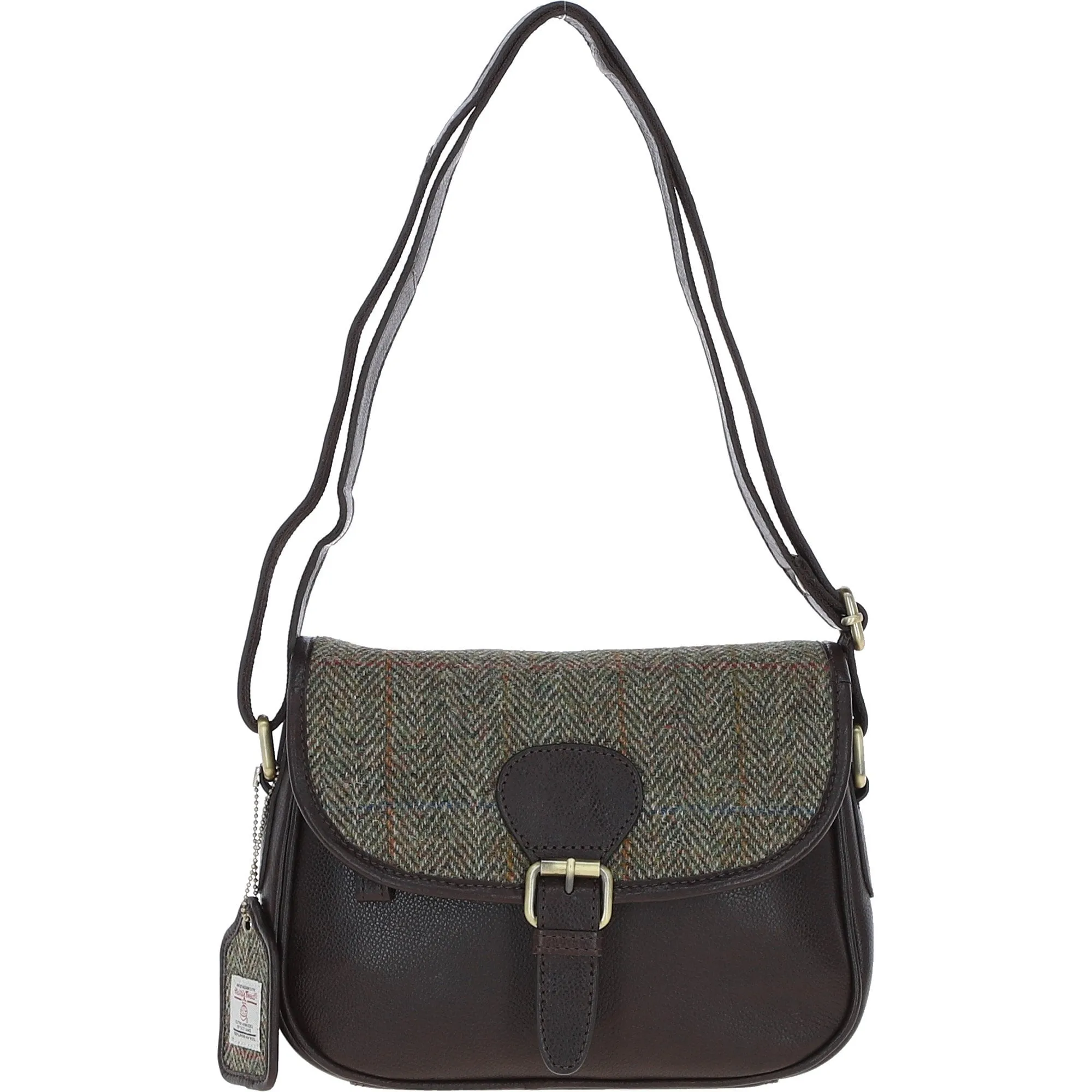 Elegant Ashwood Leather & Harris Tweed Crossbody Bag Brown/Green: TW-27-09-BG