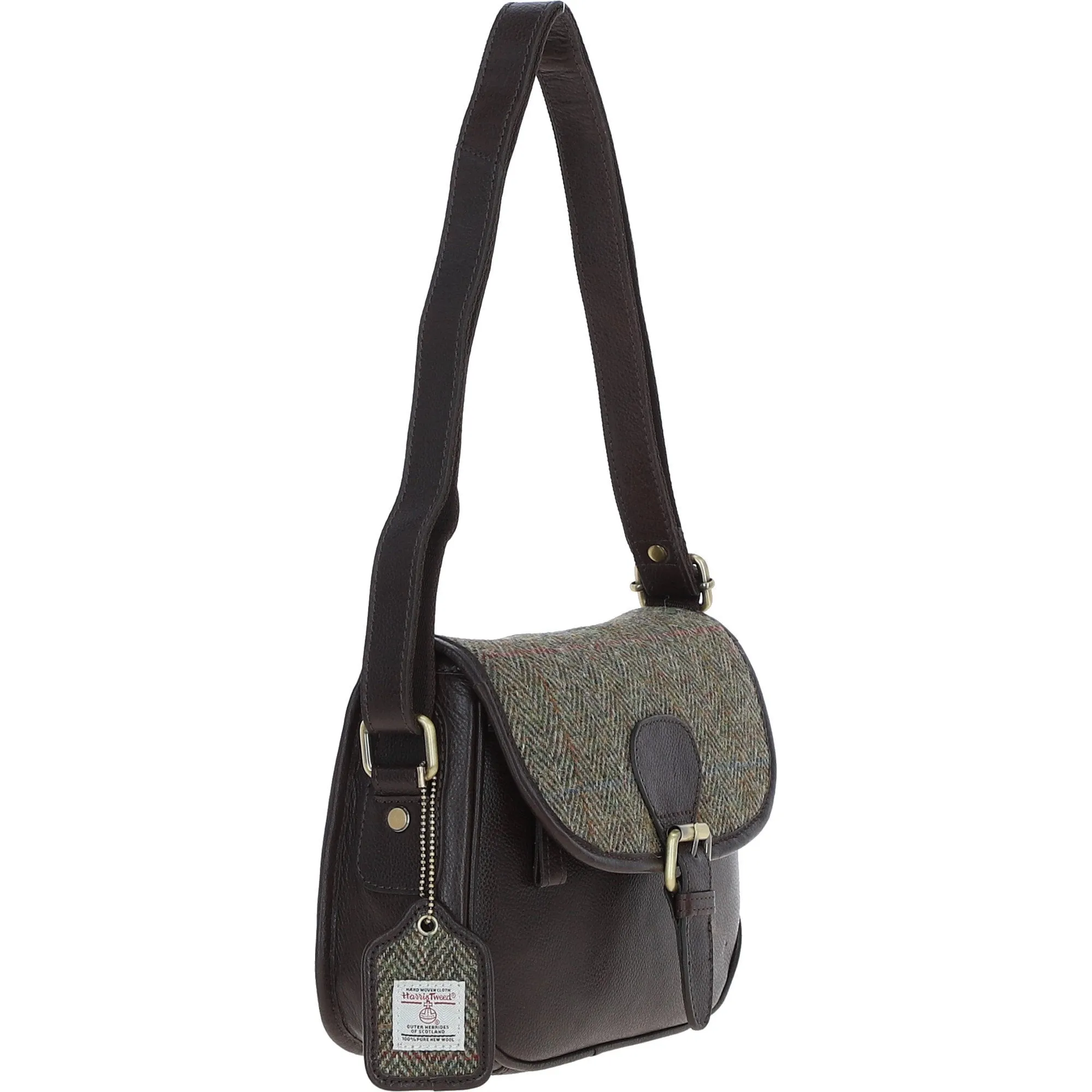 Elegant Ashwood Leather & Harris Tweed Crossbody Bag Brown/Green: TW-27-09-BG