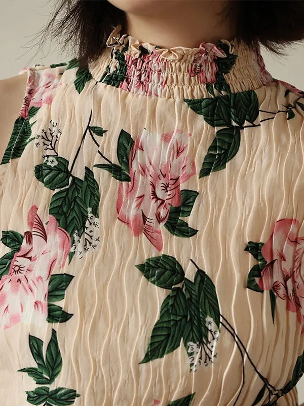 Floral Sleeveless Pleated High-necked Top