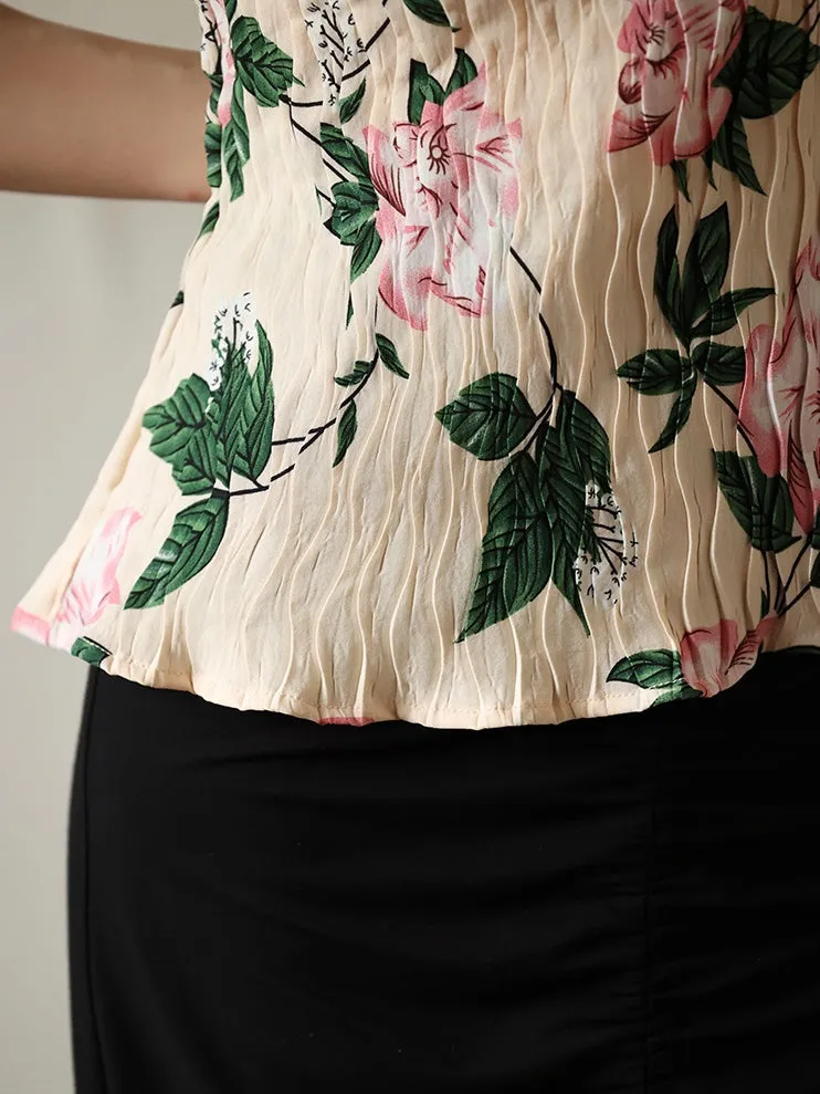 Floral Sleeveless Pleated High-necked Top