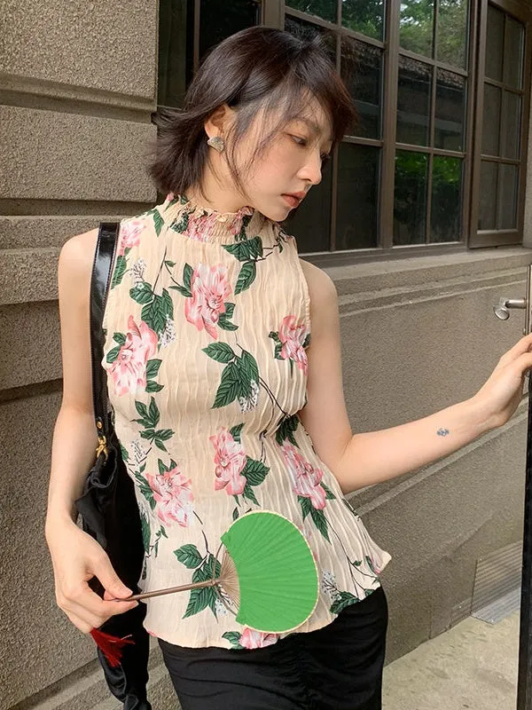 Floral Sleeveless Pleated High-necked Top