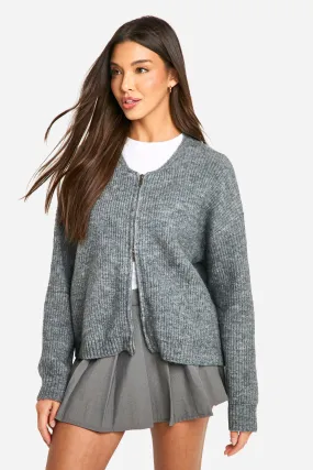 Fluffy Knitted Zip Up Bomber Cardigan