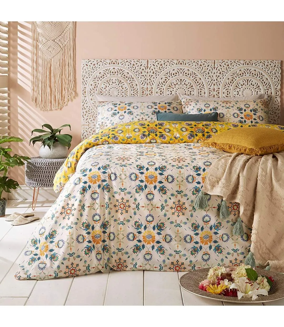 Folk floral duvet cover set ochre yellow Furn