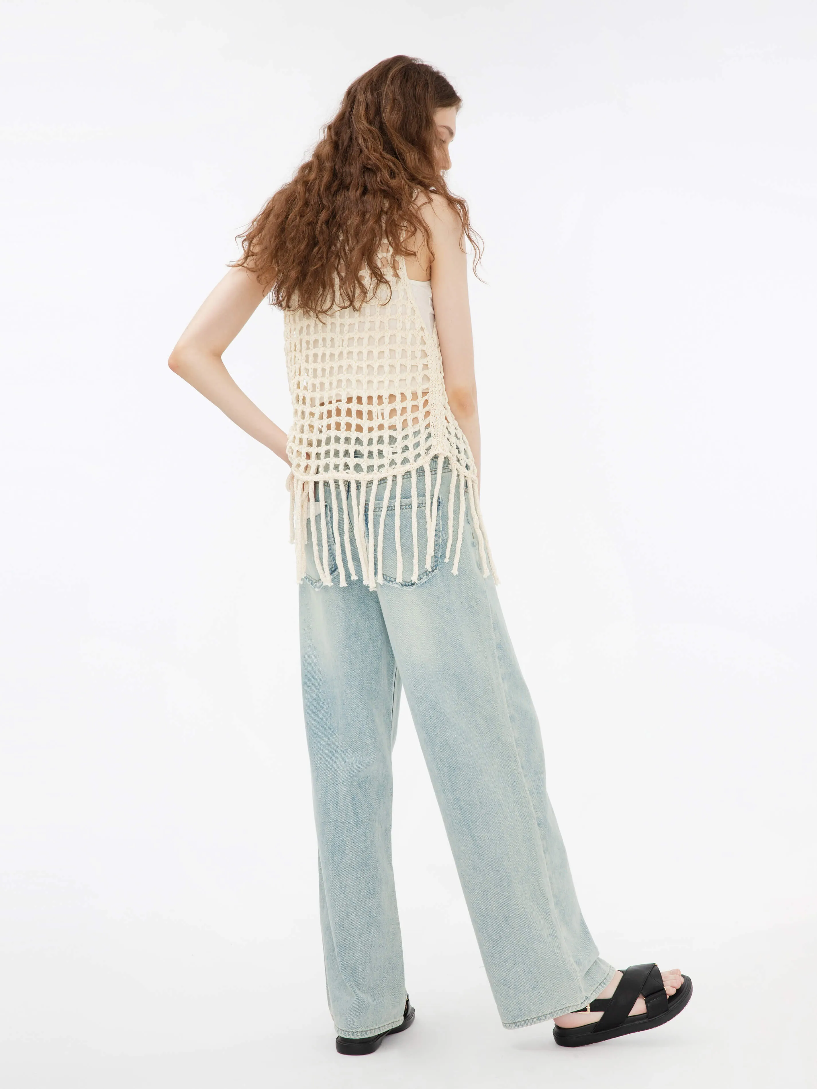 Fringed Open Knit Vest