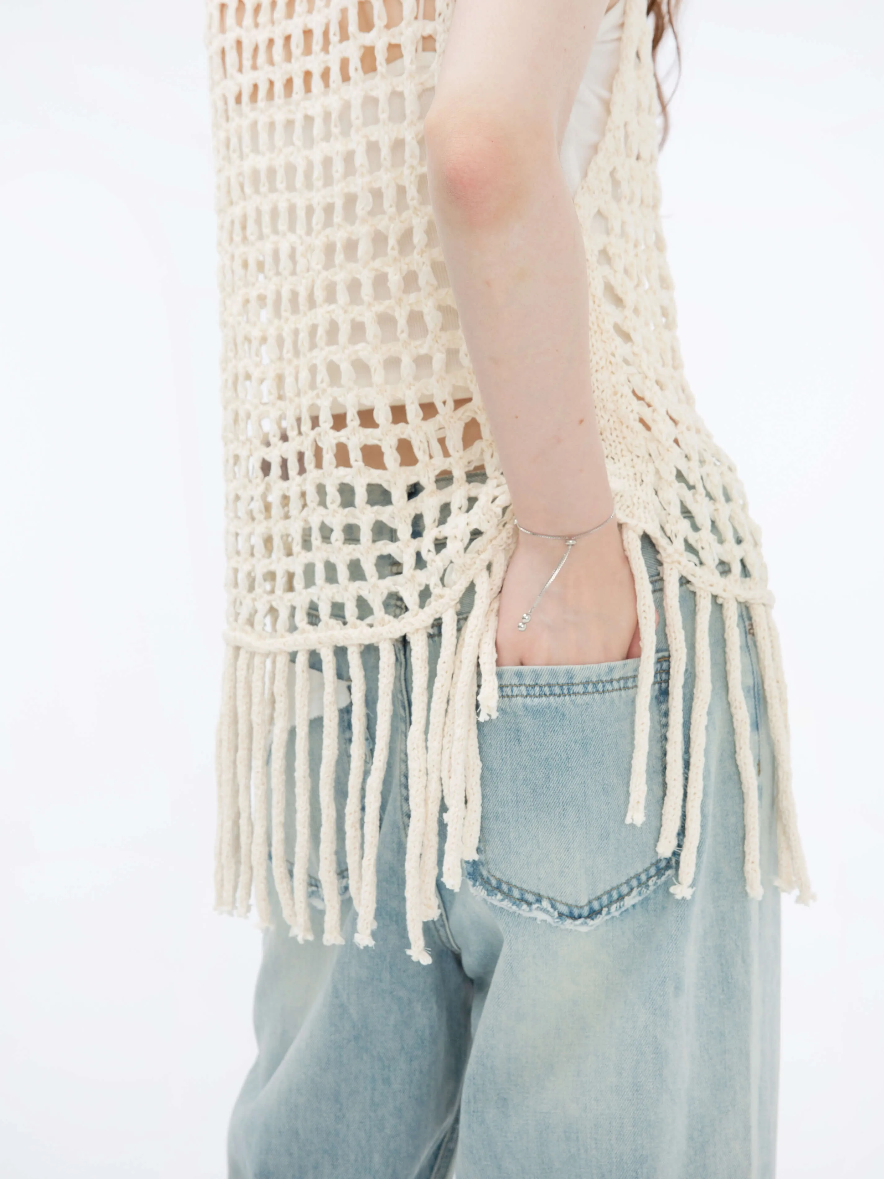 Fringed Open Knit Vest