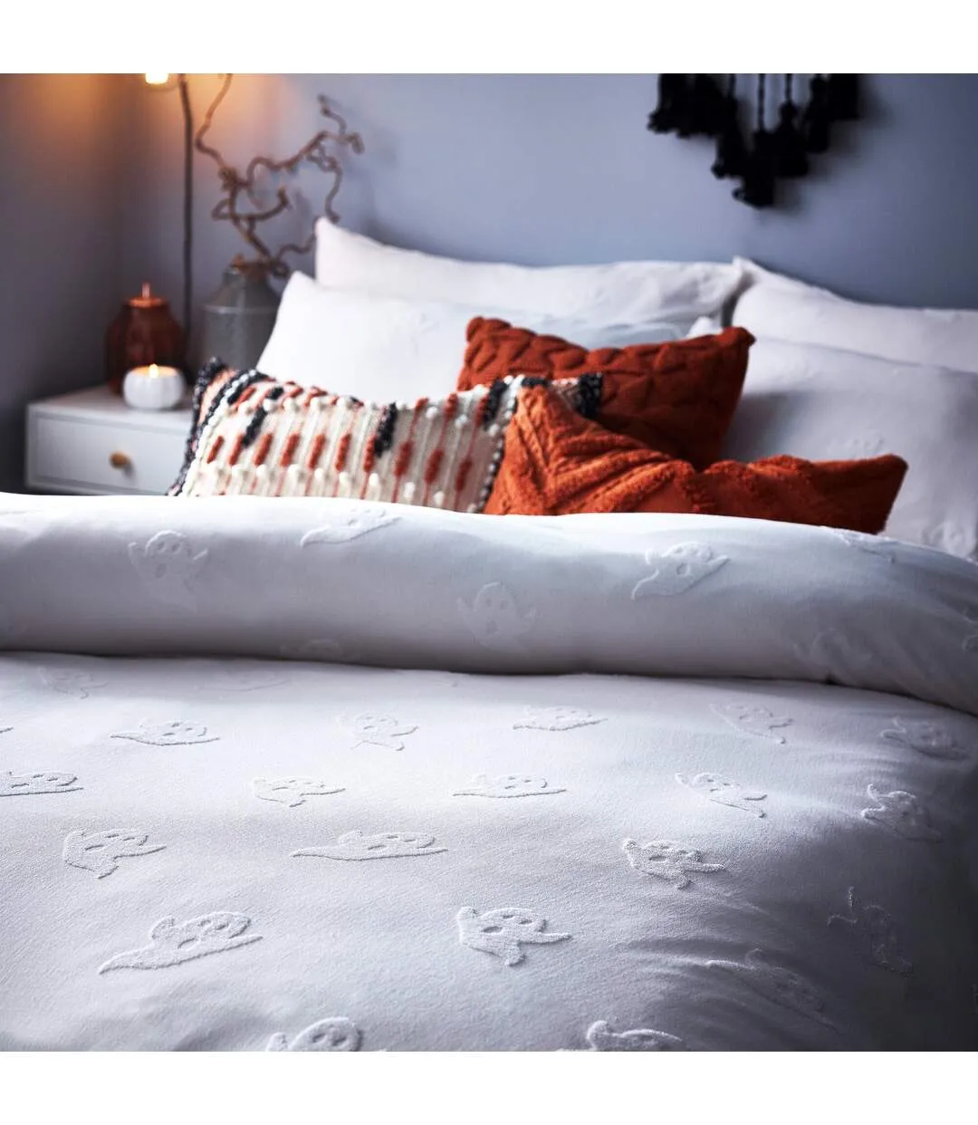 Ghost tufted halloween duvet cover set white The Linen Yard