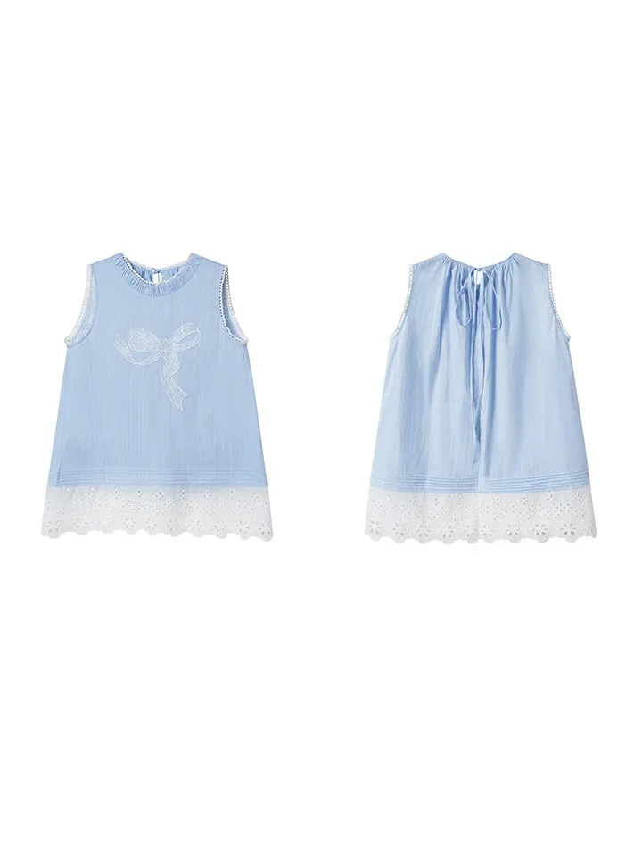 Girly Bow Patch Embroidered Lace Stitching Sleeveless Top