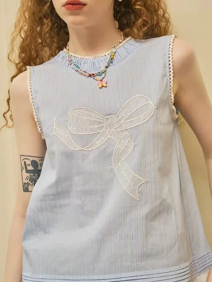 Girly Bow Patch Embroidered Lace Stitching Sleeveless Top