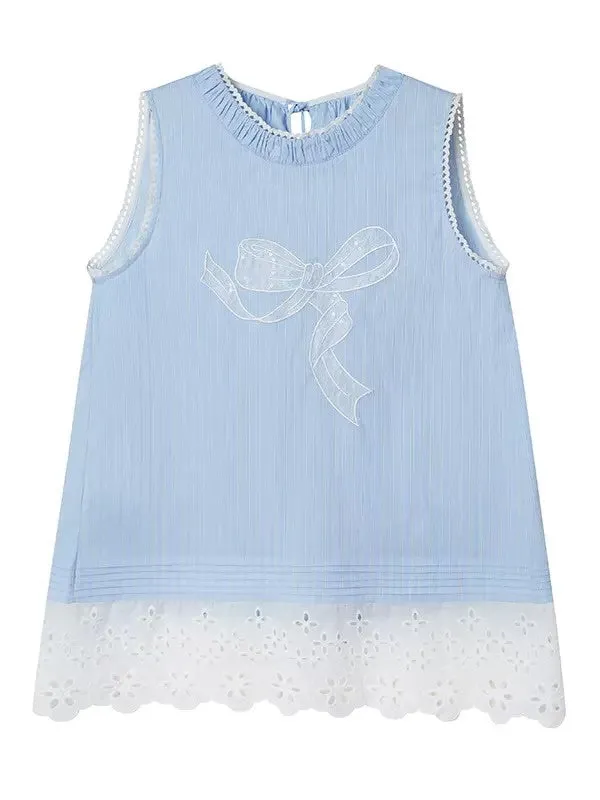 Girly Bow Patch Embroidered Lace Stitching Sleeveless Top