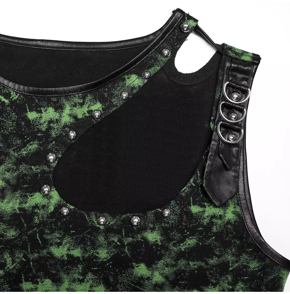 Gothic Black and Green Rivet Vest With Hollowed Shoulders