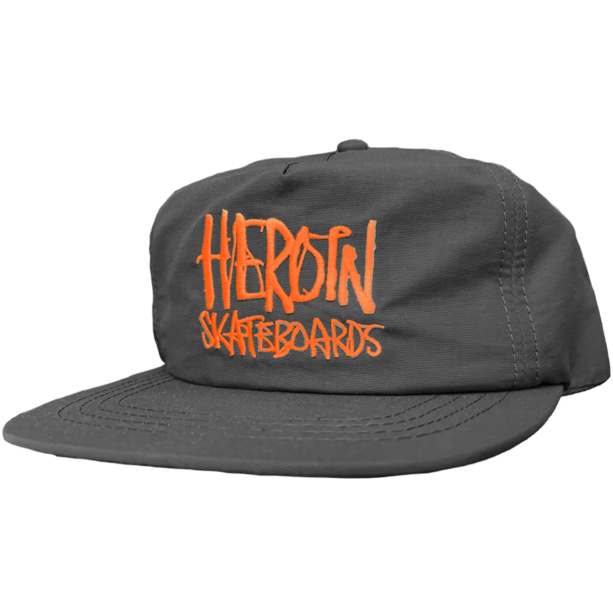 HEROIN SKATEBOARDS BLACK ORANGE SCRIPT SNAP BACK HAT