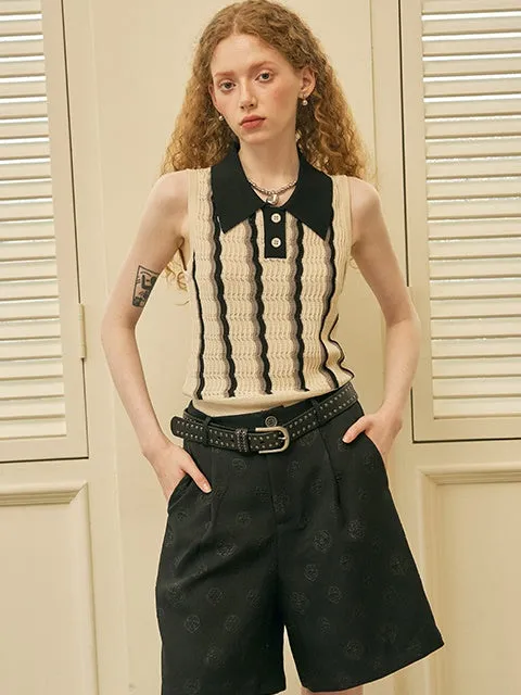 Hollow Contrast Border Polo Collar Knitted Sleeveless Top