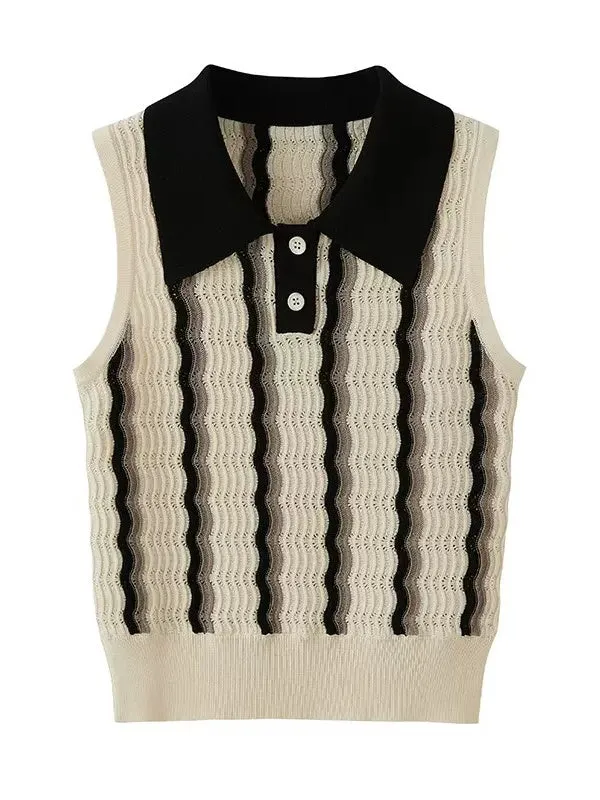 Hollow Contrast Border Polo Collar Knitted Sleeveless Top