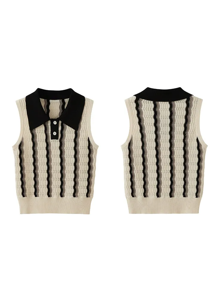 Hollow Contrast Border Polo Collar Knitted Sleeveless Top