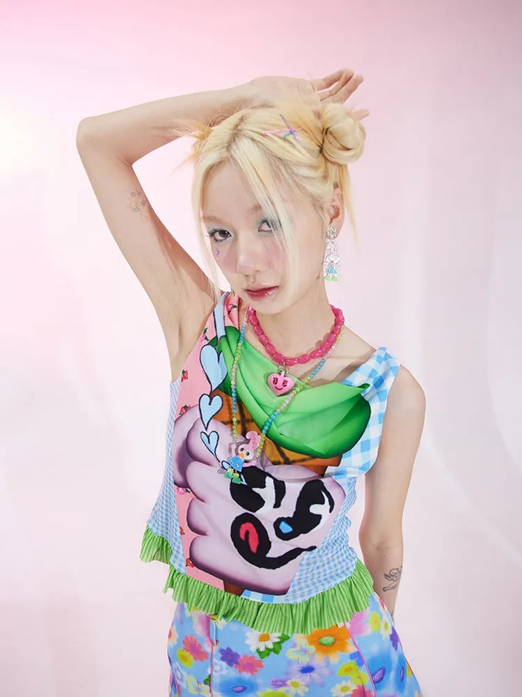 Ice Cream Print Swing Collar Mesh Sleeveless Top