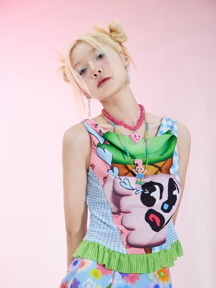 Ice Cream Print Swing Collar Mesh Sleeveless Top