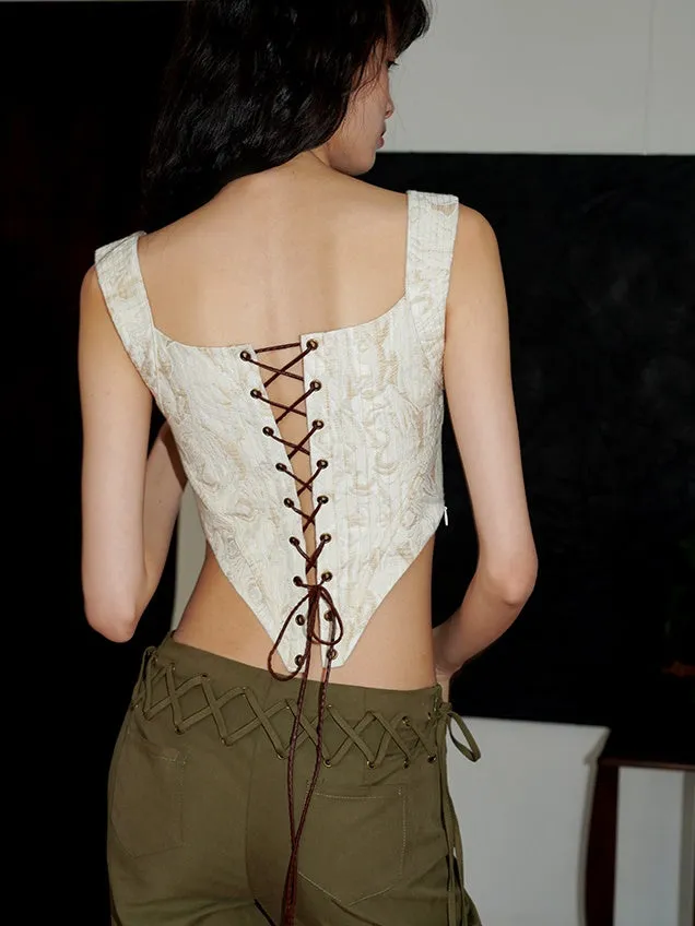 Jacquard Hollow Strap Slim Fishbone Sleeveless Top