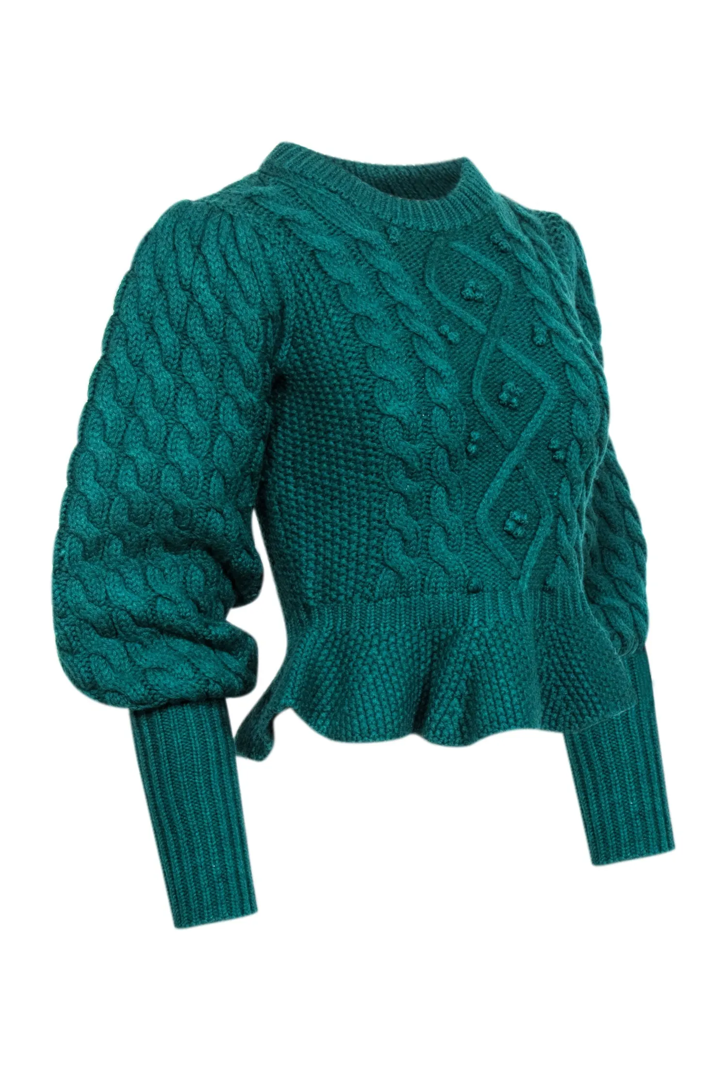 Joie - Green Cable Knit w/ Textured Details Balloon Sleeve Sweater Sz S