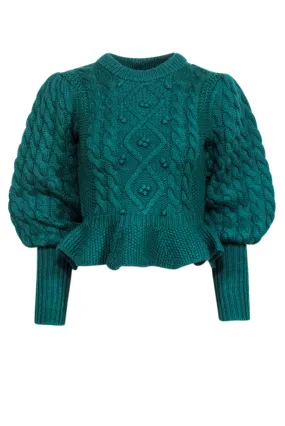 Joie - Green Cable Knit w/ Textured Details Balloon Sleeve Sweater Sz S