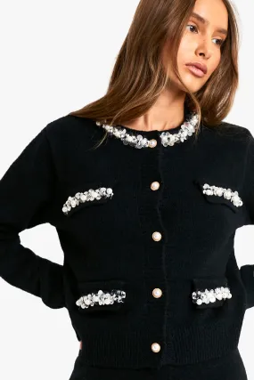 Knitted Boucle Sequin Trim Detail Cardigan