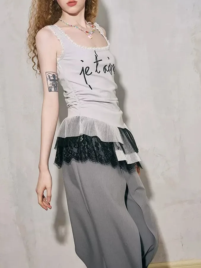 Letter Printed Square Neck Lace Stitching Sleeveless Top