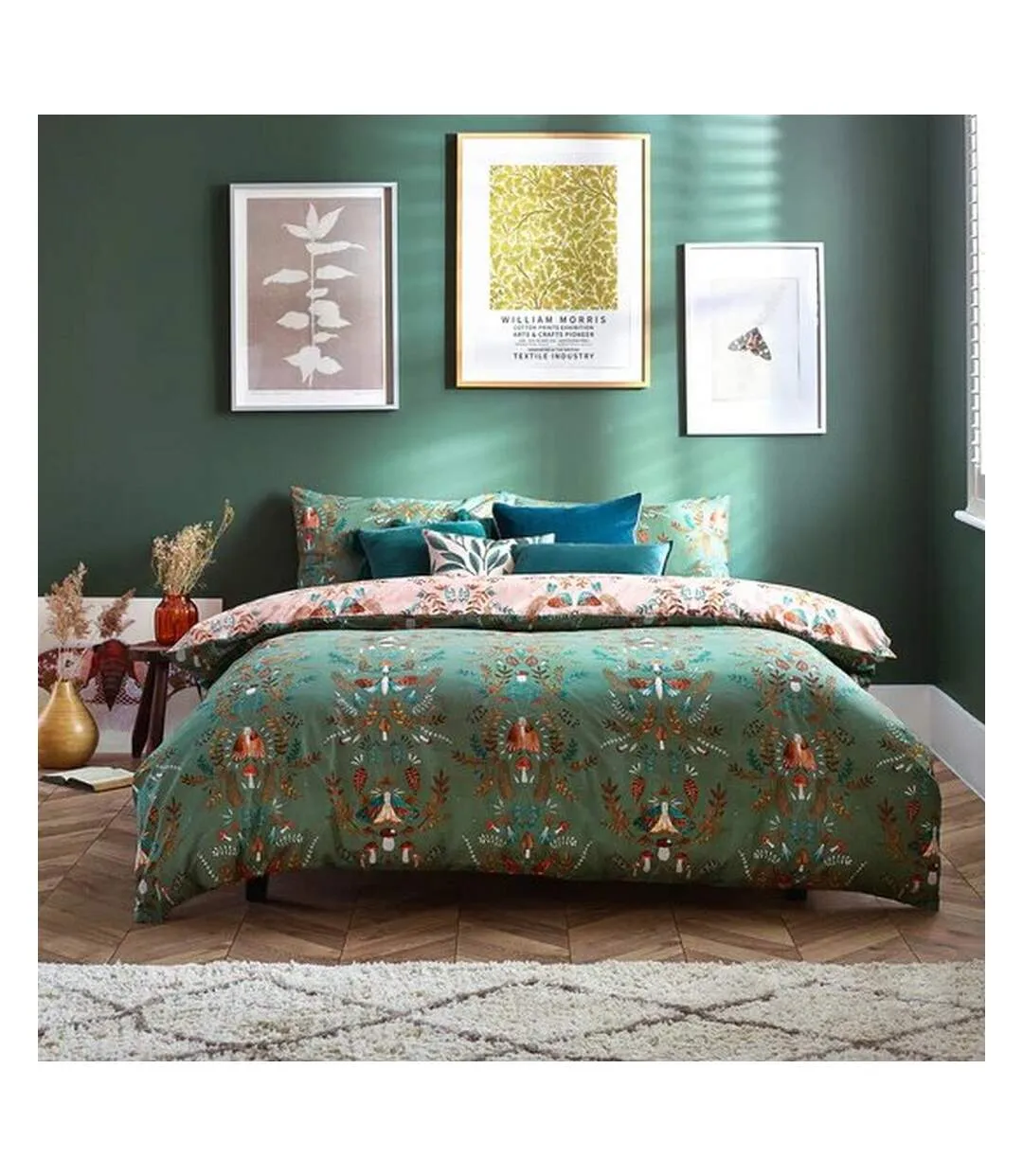 Luna wood duvet cover set fern green Furn