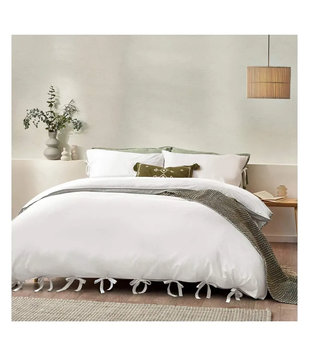 Mallow tie detail cotton bow duvet cover set warm white Yard