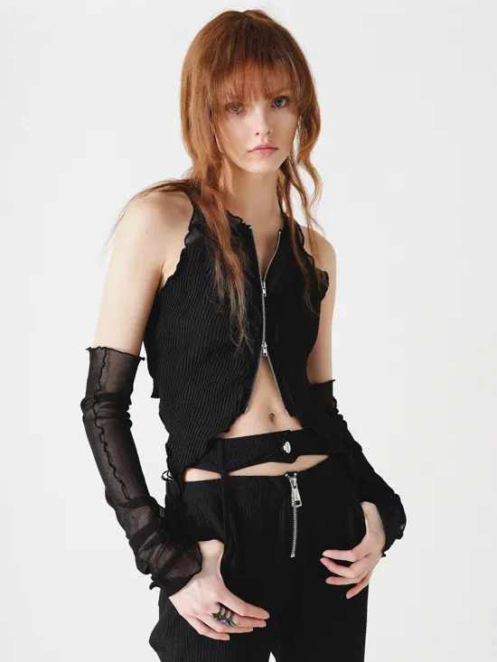 Mesh Switching Sleeveless Zipper Top With Sleeves