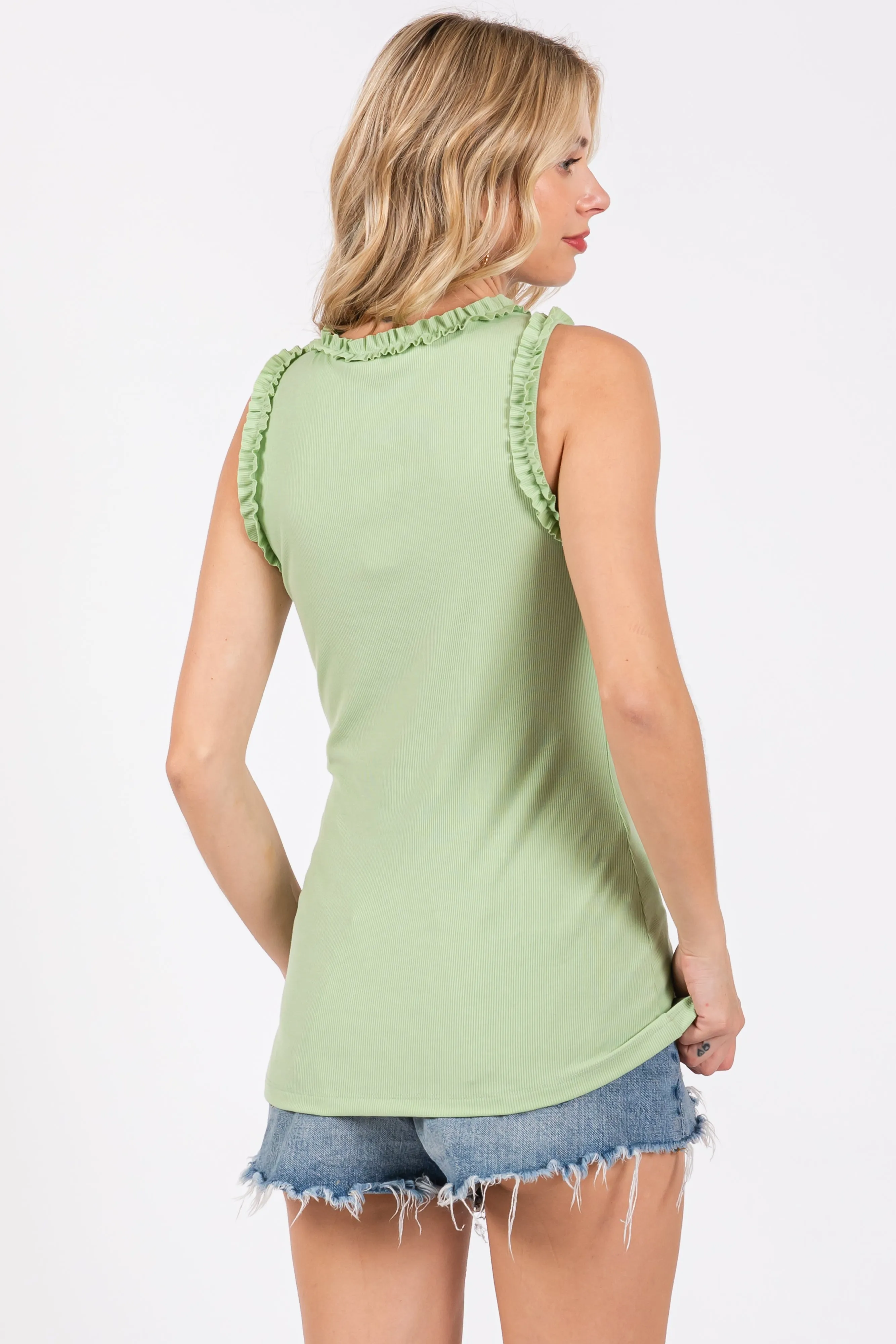 Mint Rib Knit Ruffle Trim Sleeveless Top