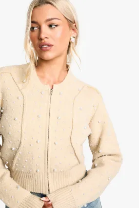 Pearl Detail Knitted Zip Through Bomber Cardigan