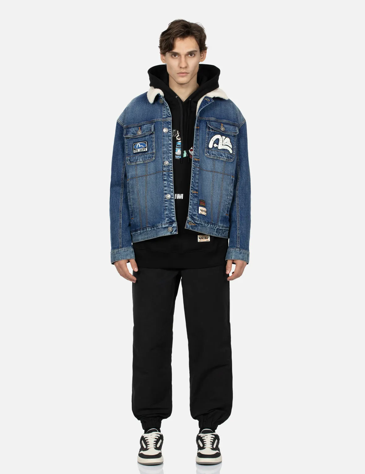 Peeping Godhead and Oil Drum Print Loose Fit Sherpa Denim Jacket