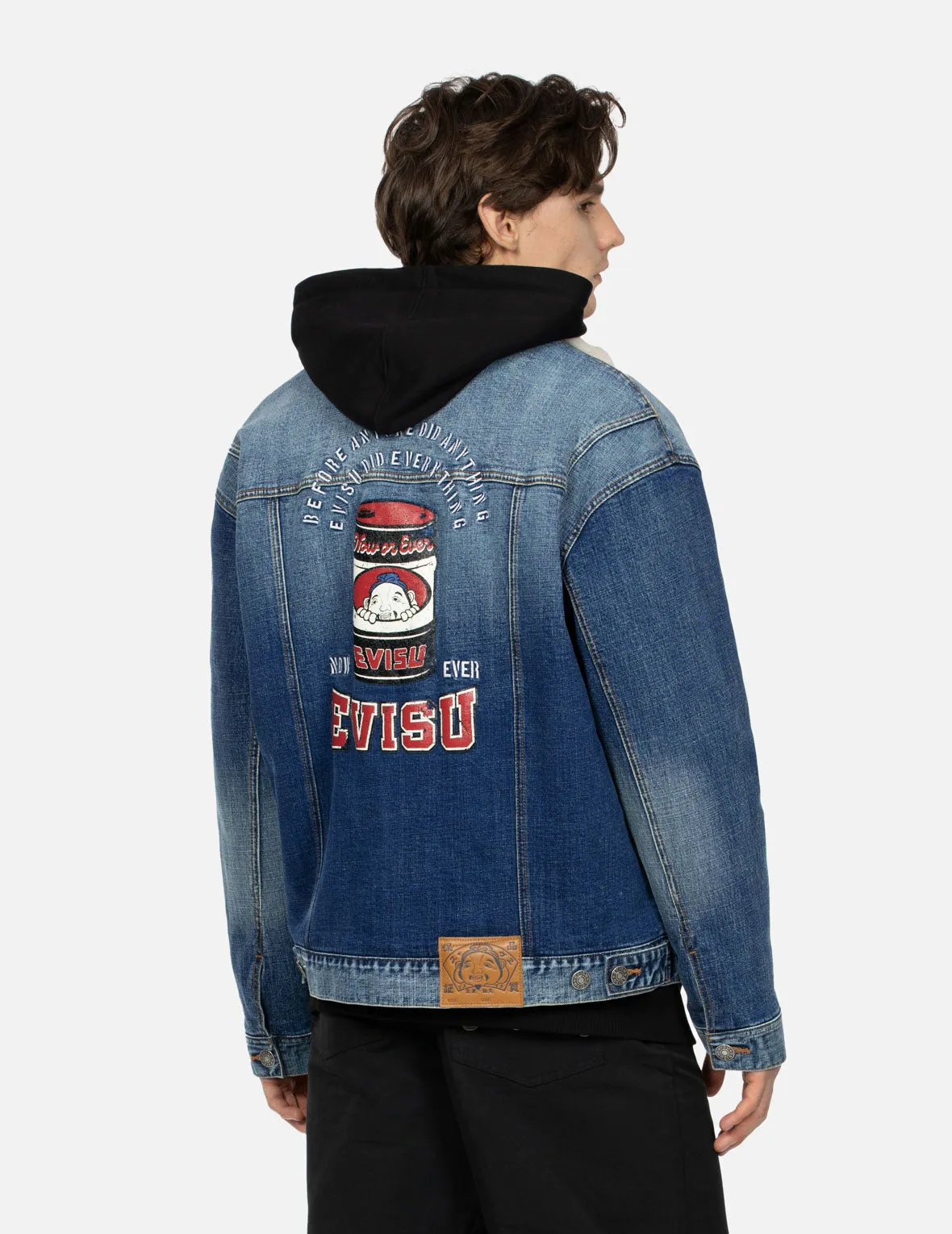 Peeping Godhead and Oil Drum Print Loose Fit Sherpa Denim Jacket