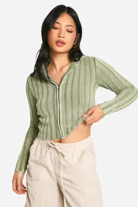 Petite Acid Wash Off The Shoulder Chunky Rib Knit Zip Cardigan