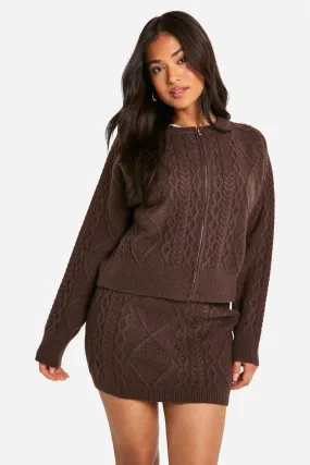 Petite Cable Knit Zip Through Cardigan And Mini Skirt Co-ord