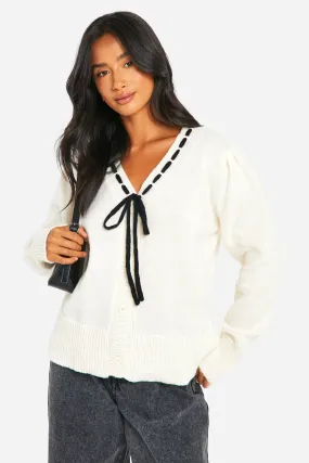 Petite Contrast Ribbon Knitted Cardigan