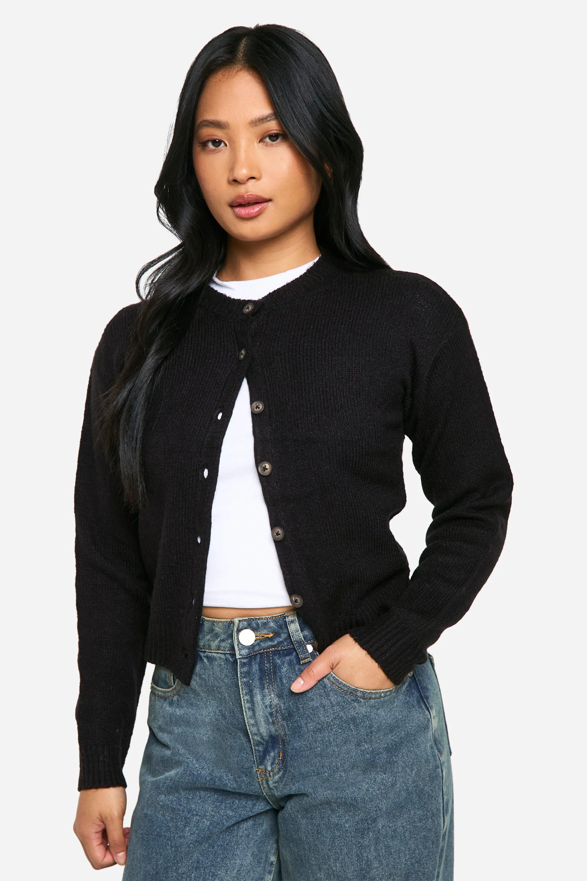 Petite Crew Neck Fine Gauge Micro Cardigan