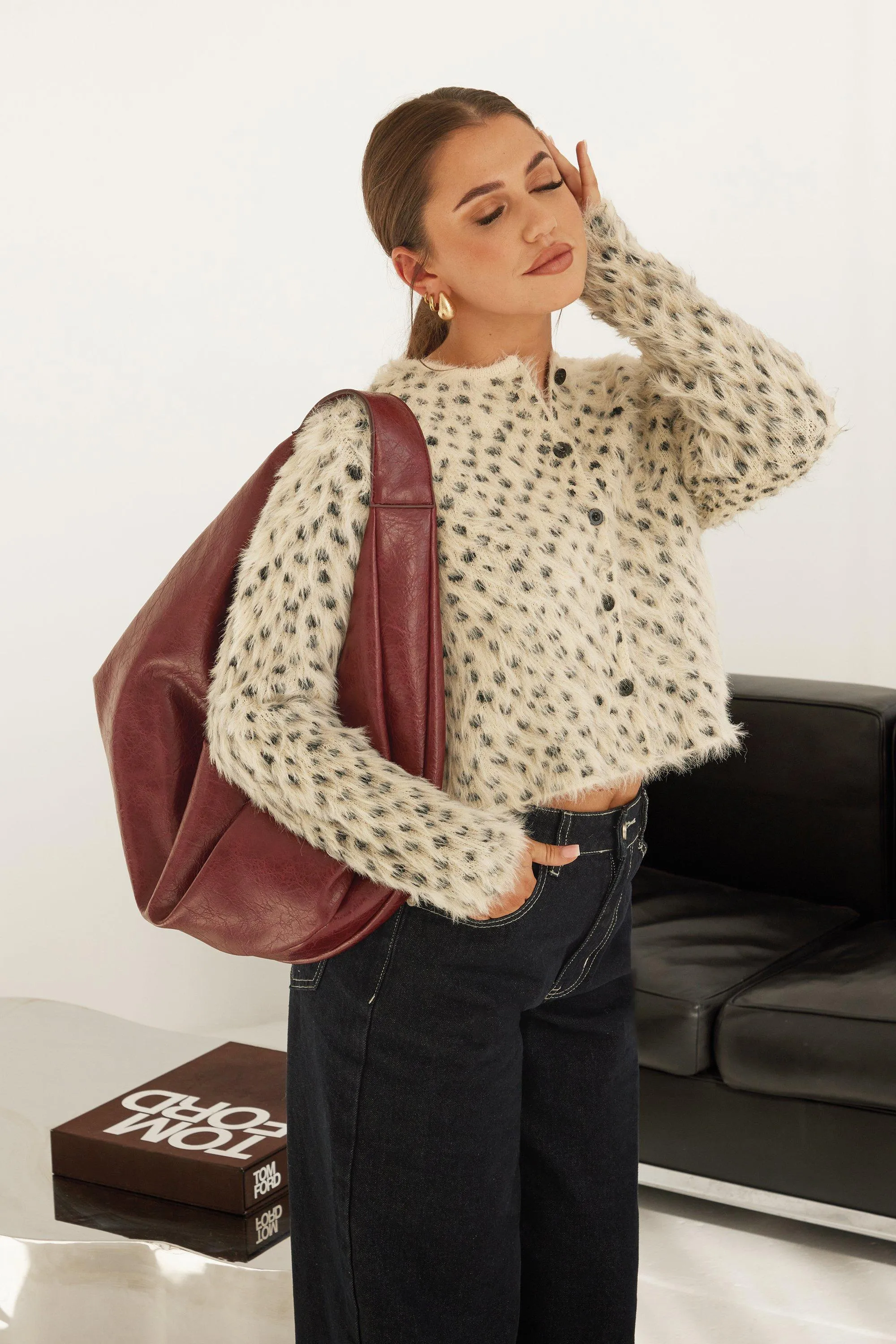 Petite Leopard Knitted Fuzzy Cardigan