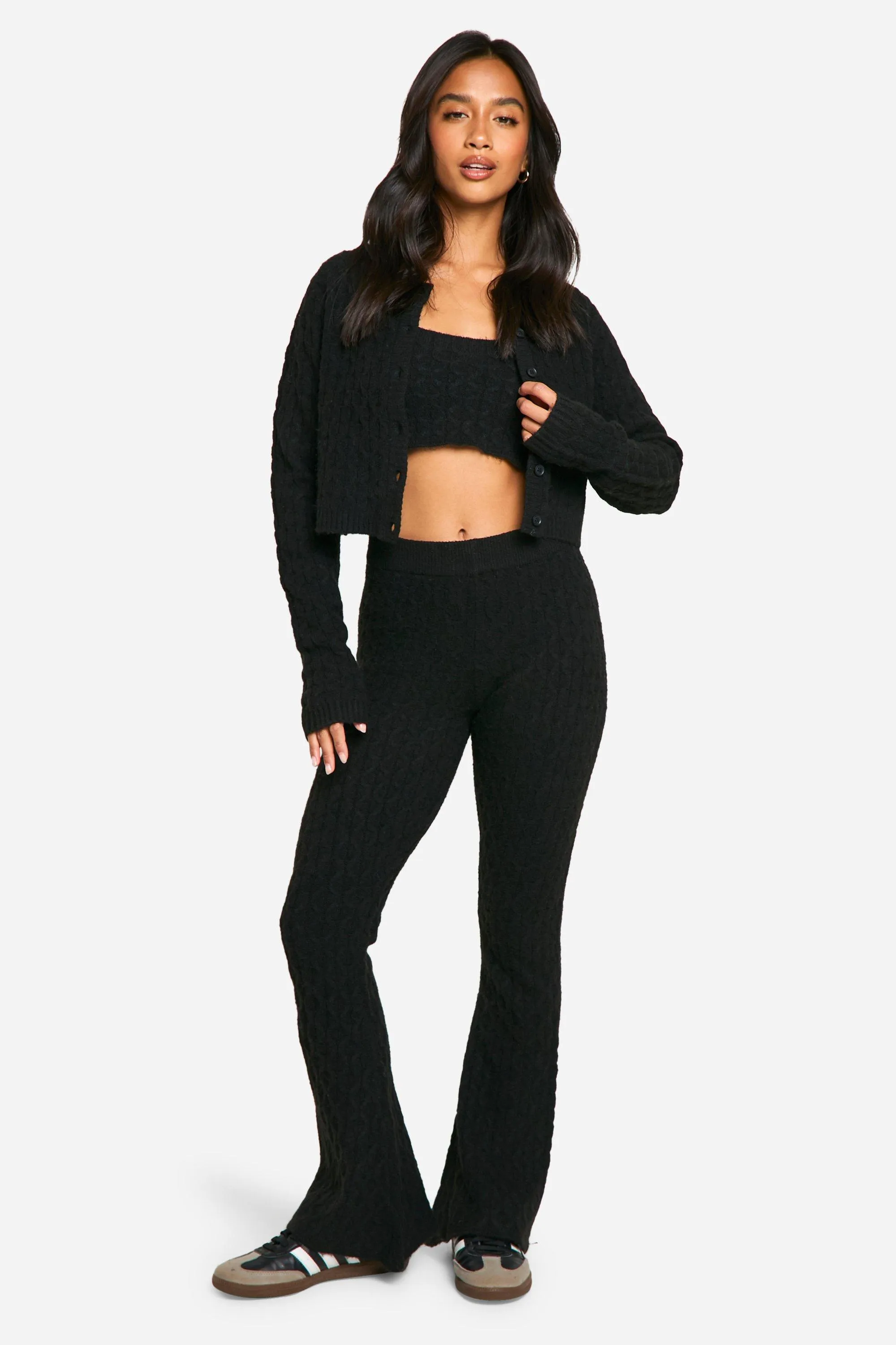 Petite Soft Cable Knitted Cardigan, Crop Top And Flare Leg Pants 3 Piece Set